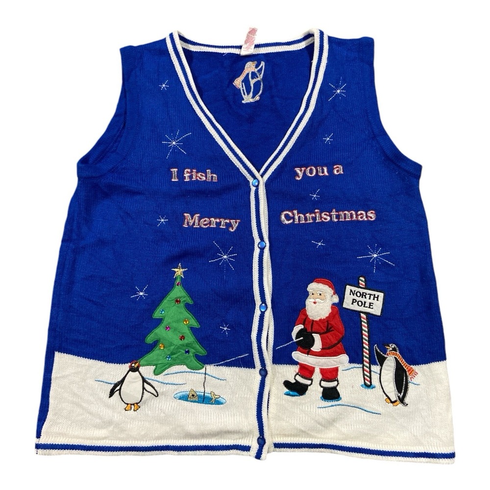 Christmas Woman's Holiday White Blue Vest Size L Santa North‎ Pole